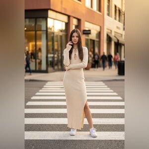 New w/o tags Future Collective Ribbed Knit Long Sleeve Maxi Dress M Cream /Gold